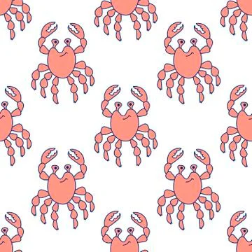 Seamless pattern. Cute pink crab . Marine animal. Doodle illustration on white 스톡 일러스트