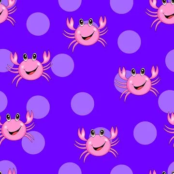 Seamless pattern with cute pink crab on purple polka dots background. Stock Illustration