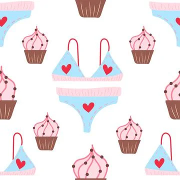 Seamless pattern with cute pink cupcacke and underwear with herts. Cute food Stock Illustration