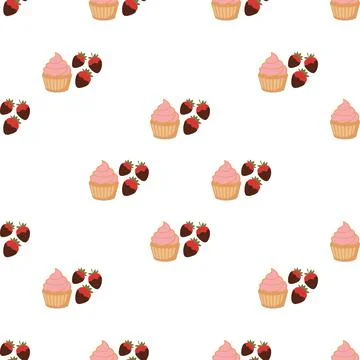 Seamless pattern with cute pink cupcakes and fresh strawberries on a white .. Stock Illustration