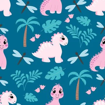 Seamless pattern with a cute pink dinosaur, leaves Illustrazione stock