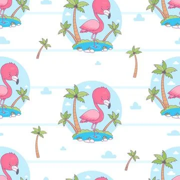 Seamless pattern with cute pink flamingo with tropical palm trees on white .. Stock Illustration