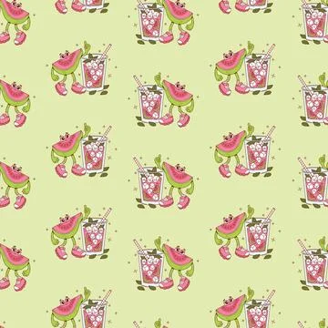 Seamless Pattern. Cute Pink Guava Groovy Character with Drink Cocktail smoo.. Stock Illustration