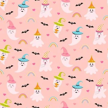 Seamless pattern with cute pink halloween ghost, bats, rainbows and hearts... Stock Illustration