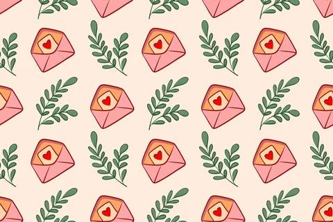 Seamless pattern with cute pink letter. Open envelope with a heart-shaped car Stock Illustration