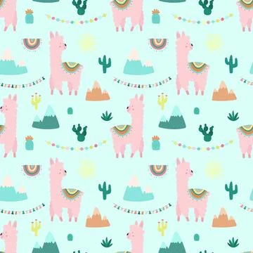 Seamless pattern of cute pink llamas or alpacas, mountains, cacti, garland, s 스톡 일러스트