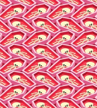 Seamless pattern of cute pink skeletons and coffins. Kawaii gothic vector t.. Stock Illustration