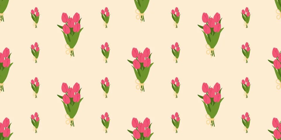 Seamless pattern with cute pink tulip bouquets tied with yellow bows. Charm.. Stock Illustration