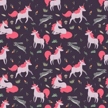 Seamless pattern cute pink unicorns and hares Stock Illustration
