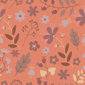 Seamless pattern with cute plants and flowers. Stock Illustration