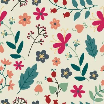 Seamless pattern with cute plants and flowers. Stock Illustration