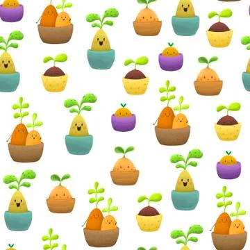 Seamless pattern with cute plants in pots. Stock Illustration