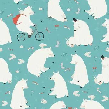 Seamless Pattern with Cute Polar Bears and Rabbits enjoying Winter Ilustración de archivo