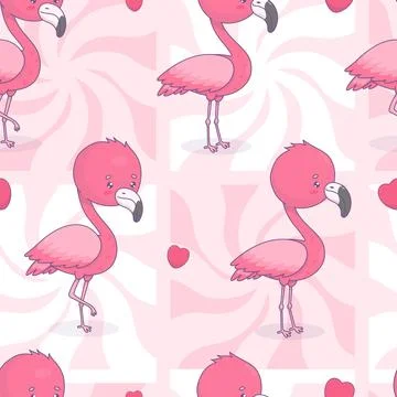 Seamless pattern with cute power pink flamingo. Funny cartoon kawaii bird c.. Stock Illustration