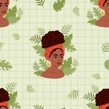 Seamless pattern with Cute pretty African American woman with tropical leav.. Illustrazione stock