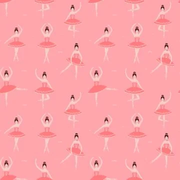 Seamless pattern with cute prima ballerina in pink tutu in different poses on Stock Illustration