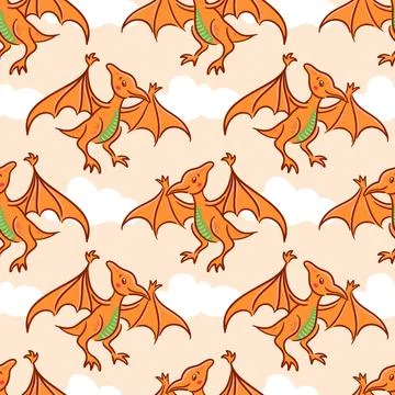 Seamless pattern cute pterosaur in Asian kawaii style. Pteronadon, pterodactyl Stock Illustration