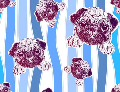 Seamless pattern with cute pug puppy and colorful stripes. Stock Illustration