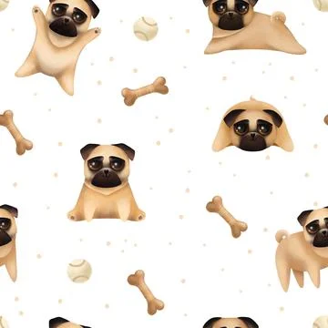 Seamless pattern with cute pugs. Pug, bones and balls on a white background. Stock Illustration