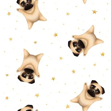 Seamless pattern with cute pugs. Pug and stars on a white background. Stock Illustration