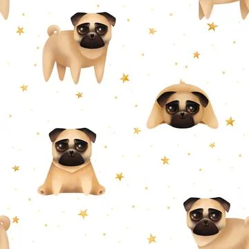 Seamless pattern with cute pugs. Pug and stars on a white background. Stock Illustration