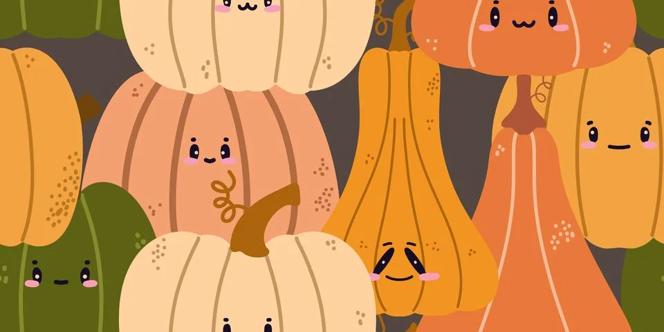 Seamless pattern with cute pumpkins, gourds in a folksy whimsical style. Perf Stock Illustration