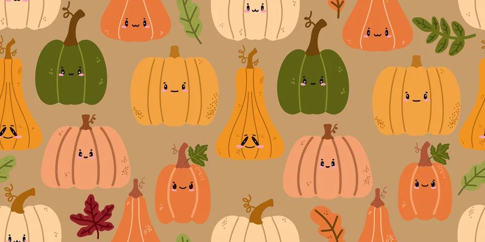Seamless pattern with cute pumpkins, gourds in a folksy whimsical style. Perf Stock Illustration
