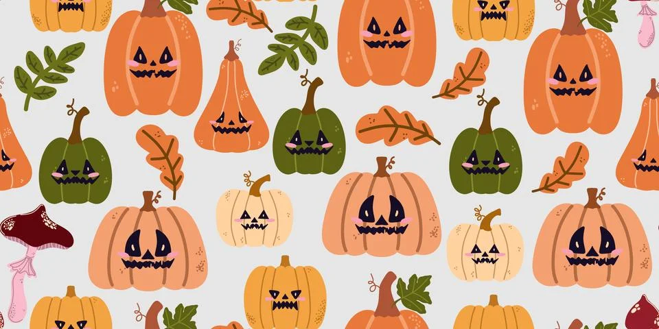 Seamless pattern with cute pumpkins, gourds in a folksy whimsical style. Perf Stock Illustration