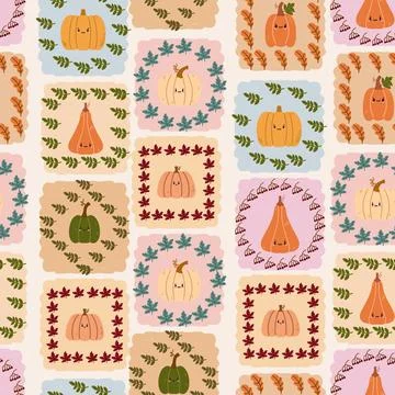 Seamless pattern with cute pumpkins, gourds, and autumn leaves in folk whimsi Stock Illustration