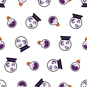 Seamless pattern with cute purple magic potion bottles for Halloween. Illustrazione stock