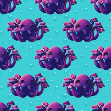 Seamless pattern with cute purple octopus holding pies Stock Illustration