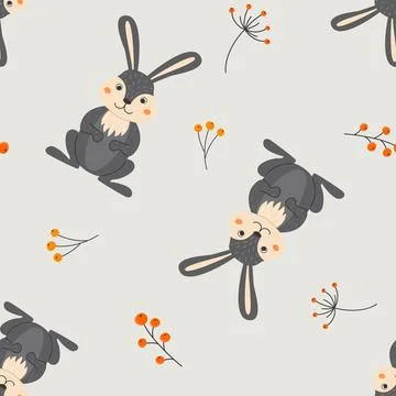 Seamless pattern with cute rabbit and twigs in cartoon style. Animals in th.. Stock Illustration