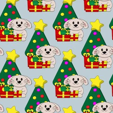 Seamless pattern with cute Rabbit and Christmas tree Stock Illustration