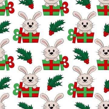 Seamless pattern with cute Rabbit and Christmas gift box Stock Illustration