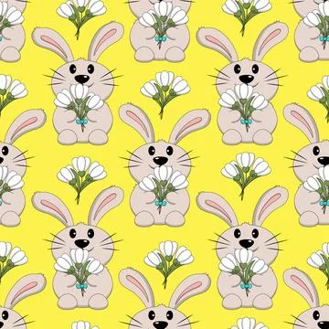 Seamless pattern with Cute Rabbit with bouquet snowdrop Stock Illustration