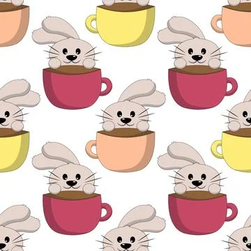 Seamless pattern with Cute Rabbit with cup Stock Illustration