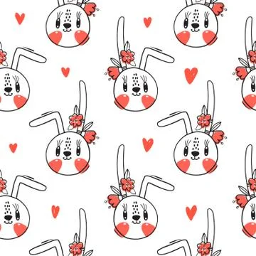 Seamless pattern with cute rabbit face with a barrettes flowers. Fashion kawaii Stock Illustration
