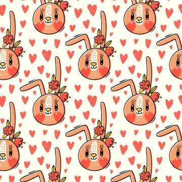 Seamless pattern with cute rabbit face with a barrettes flowers. Fashion kawaii Stock Illustration