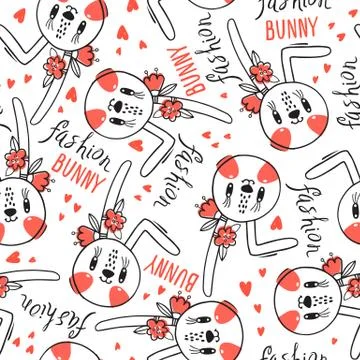 Seamless pattern with cute rabbit face with a barrettes flowers. Fashion kawaii Stock Illustration