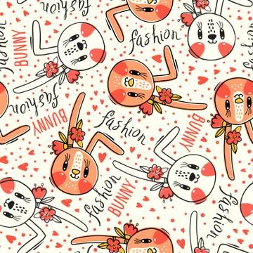 Seamless pattern with cute rabbit face with a barrettes flowers. Fashion kawaii Stock Illustration