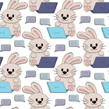 Seamless pattern with Cute Rabbit with laptop Illustrazione stock