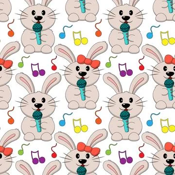 Seamless pattern with Cute Rabbit with microphone and note Stock Illustration