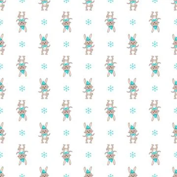 Seamless pattern with cute rabbit or hare in hat with snowflakes. Illustrazione stock