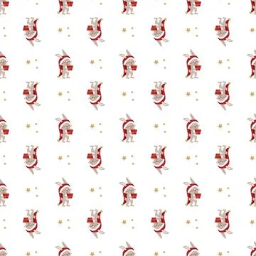 Seamless pattern with cute rabbit or hare in Santa hat with gift box and stars. Stock Illustration