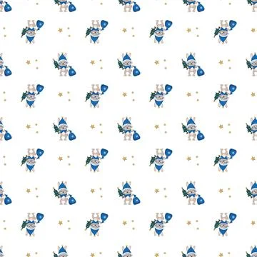 Seamless pattern with cute rabbit or hare in Santa hat with bag of presents and Stock Illustration