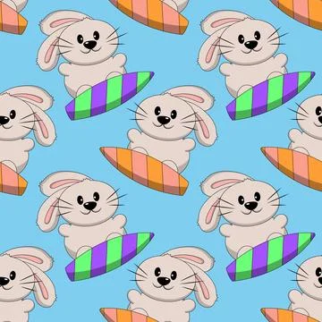 Seamless pattern with Cute Rabbit on surfboard Illustrazione stock
