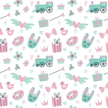 Seamless pattern with Cute rabbit, train, gift boxes. Scandinavian style flat Stock Illustration