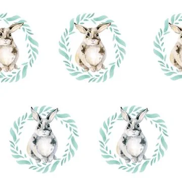Seamless pattern with a cute rabbit in a wreath of green leaves. A good little Illustrazione stock