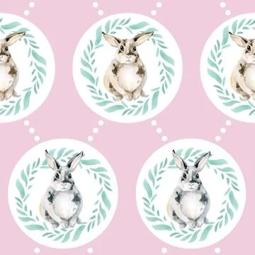 Seamless pattern with a cute rabbit in a wreath of leaves. A good little bunny Stock Illustration