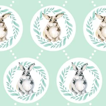 Seamless pattern with a cute rabbit in a wreath of leaves. A good little bunny Stock Illustration